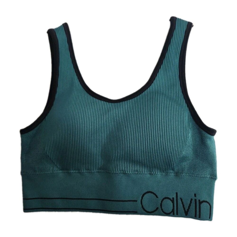 Calvin Klein Women's Ribbed Sports Padded Bra Size Small Teal Blue  Black Trim